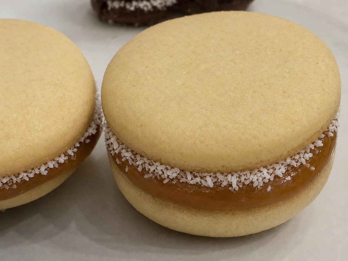 Close-up of round Maicena alfajores with coconut around the filling.